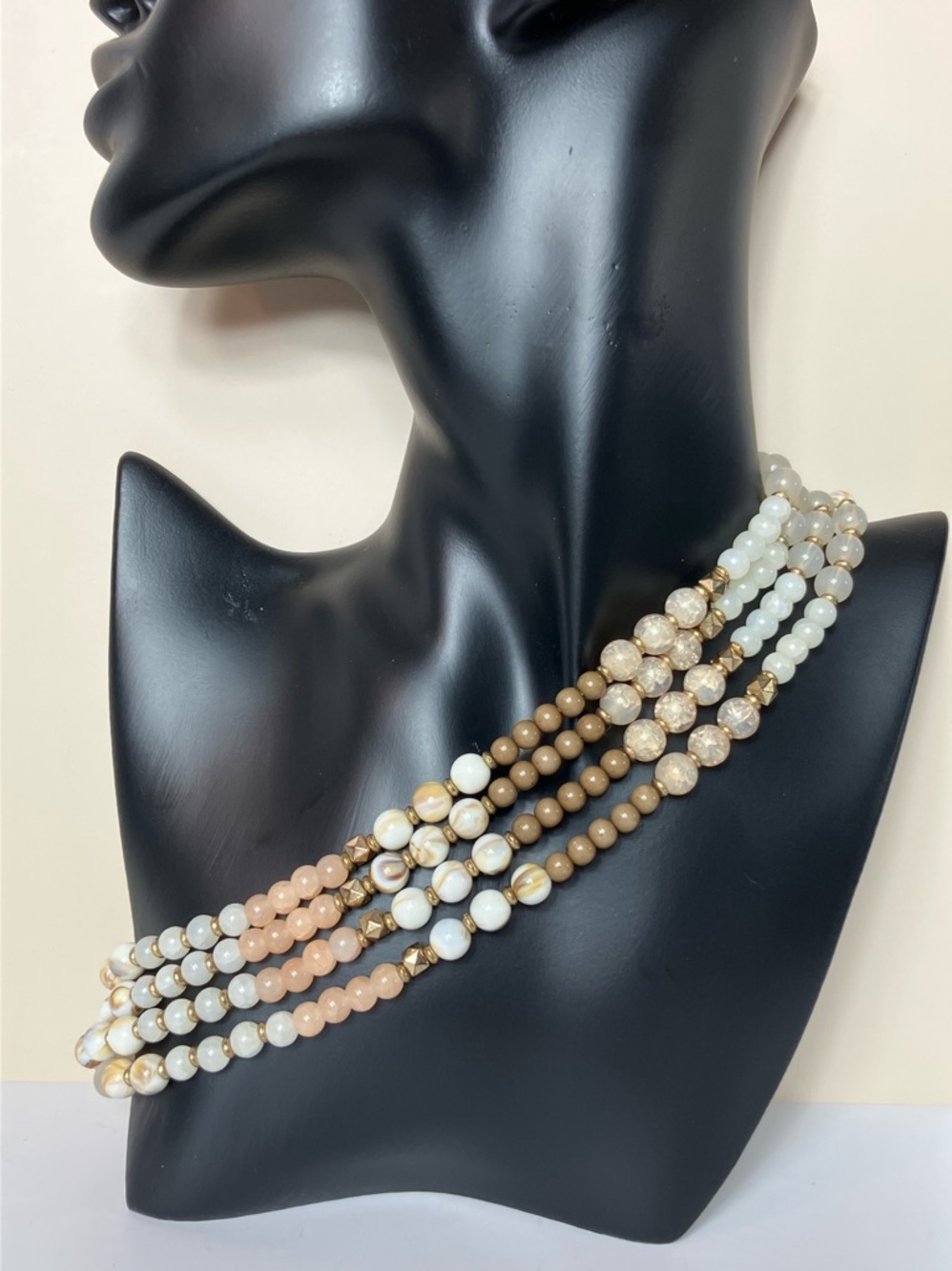 Versatile Neural MultiStrand Bead Necklace White Cream & Brown *discounted ship
